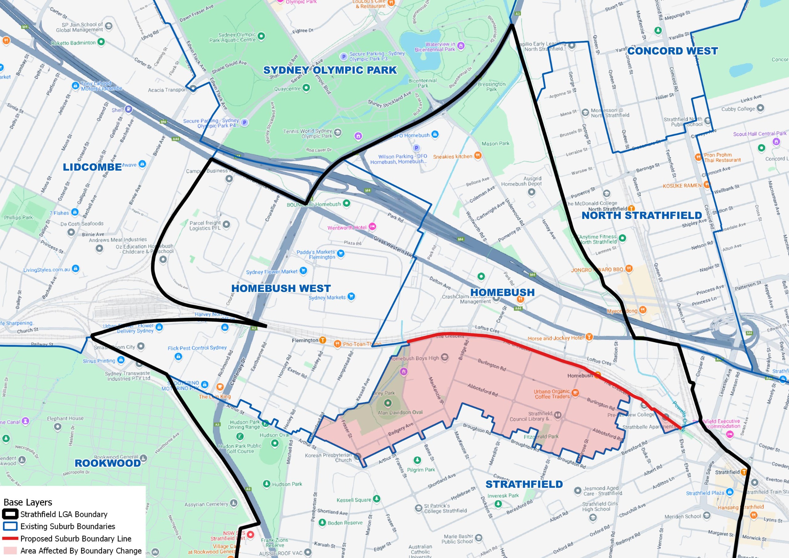 Illustration of entire area south of the railway line, including Strathbelle Apartments, proposed to become a part of the suburb of Strathfield.